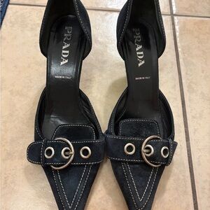 Prada Women's Black Suede Buckle Heels